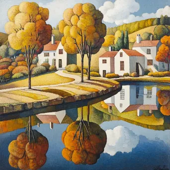 A cubist rendering of a rural hamlet during a vibrant autumn season, with reflections in a pond - Image 2