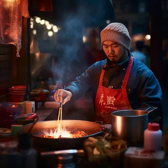 Street chef serving hot bowls of ramen at a night food stall. - Image 2