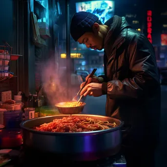 Street chef serving hot bowls of ramen at a night food stall. - Image 3