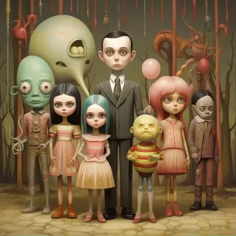 Whimsical pop surrealism depiction of a TV show reunion with characters aged in real-time - Image 1