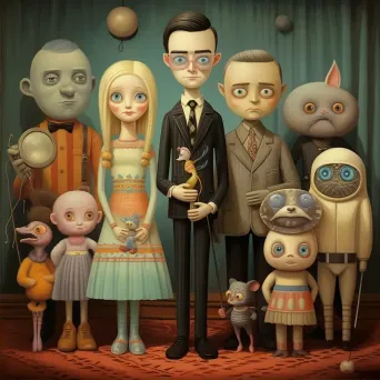 Whimsical pop surrealism depiction of a TV show reunion with characters aged in real-time - Image 2