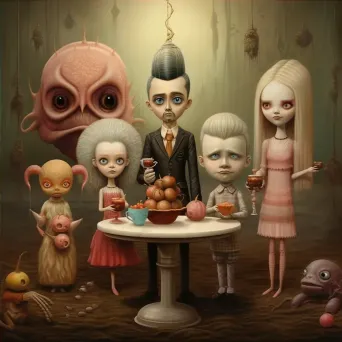 Whimsical pop surrealism depiction of a TV show reunion with characters aged in real-time - Image 4