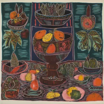 Image of a Kwanzaa celebration with a kinara, unity cup, and fruits on a vibrant mat - Image 2