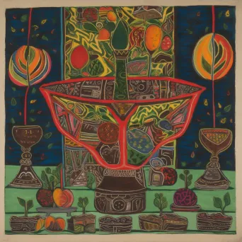 Image of a Kwanzaa celebration with a kinara, unity cup, and fruits on a vibrant mat - Image 3