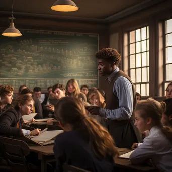 Students engaged in a discussion in a traditional classroom during a history lesson. - Image 2