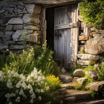 Rustic root cellar with wildflowers in summer. - Image 1