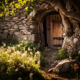 Rustic root cellar with wildflowers in summer. - Image 3