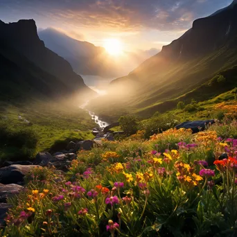 Mountain valley at sunrise with mist and wildflowers - Image 1