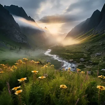 Mountain valley at sunrise with mist and wildflowers - Image 2