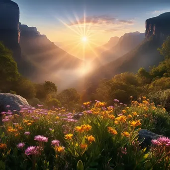 Mountain valley at sunrise with mist and wildflowers - Image 3