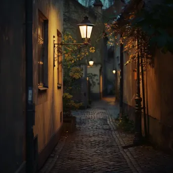 Quiet city back alley with vintage street lamps and warm lighting - Image 2