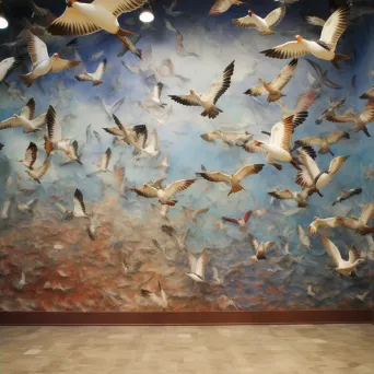 Large-scale mural showcasing the dynamic flight of a flock of birds - Image 4