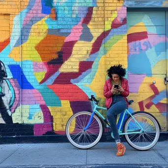 Young woman leaning against a bright-colored city bike near murals - Image 2