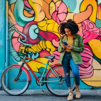 Young woman leaning against a bright-colored city bike near murals - Image 3