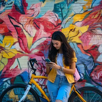 Young woman leaning against a bright-colored city bike near murals - Image 4