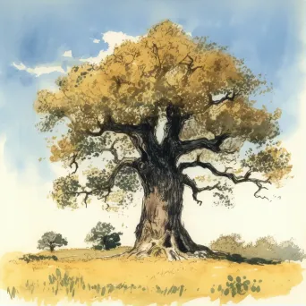 Single, ancient oak tree standing proud in a golden meadow under a clear blue sky in an image generated by a prompt. - Image 1