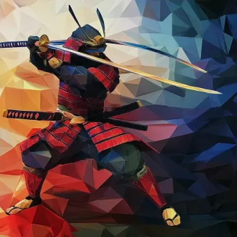 Vibrant low poly samurai in animated motion, influenced by Edo art - Image 4