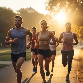 Diverse group of runners training together in a park at sunrise - Image 2