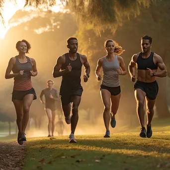 Diverse group of runners training together in a park at sunrise - Image 4