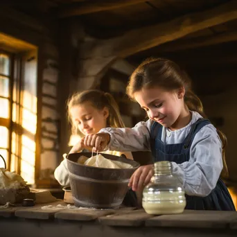 Children shaking a jar filled with cream for butter making in a farmhouse setting - Image 1