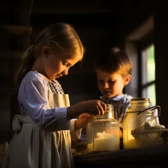 Children shaking a jar filled with cream for butter making in a farmhouse setting - Image 2