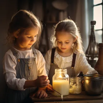 Children shaking a jar filled with cream for butter making in a farmhouse setting - Image 3