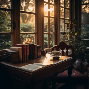 A cozy library corner with an open book and a cup of tea at dusk. - Image 1