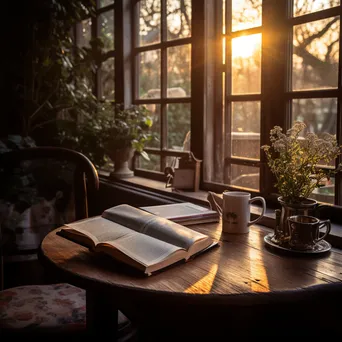 A cozy library corner with an open book and a cup of tea at dusk. - Image 2