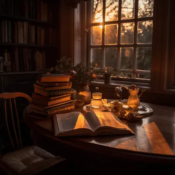 A cozy library corner with an open book and a cup of tea at dusk. - Image 4