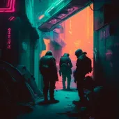 Digital art of rebels having a secret meeting in a neon-lit alley of a space colony - Image 3