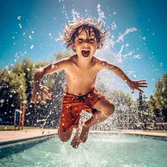 Child jumping into a swimming pool from diving board - Image 1