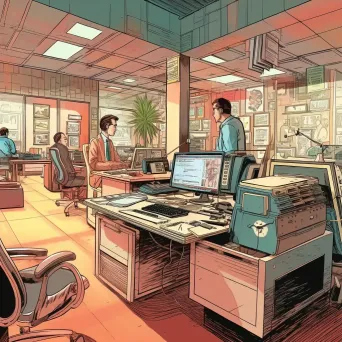 60s style office space with holographic computers and floating desks - Image 4