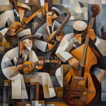 Cubist style painting of a 1920s speakeasy jazz band - Image 3