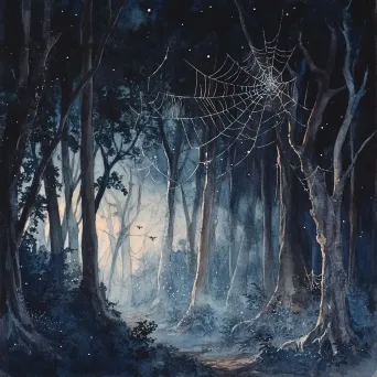 Moonlit, ghostly forest scene depicted with watercolor medium - Image 2