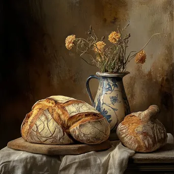 Artwork illustrating the appealing texture and golden crust of freshly baked rustic bread - Image 1