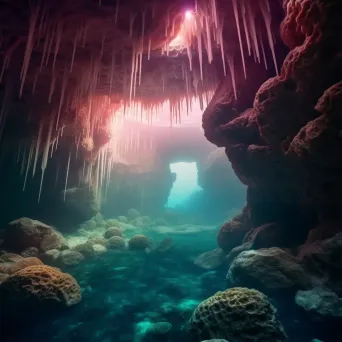 Mystical underwater cavern with glowing jellyfish and intricate rock formations - Image 1