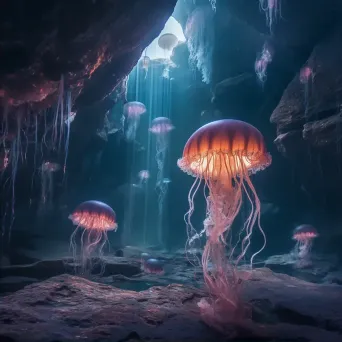 Mystical underwater cavern with glowing jellyfish and intricate rock formations - Image 2