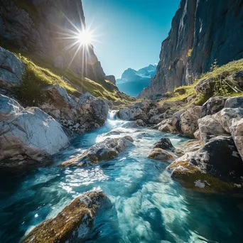 Vibrant turquoise mountain stream flowing through steep cliffs and rocky landscape. - Image 1