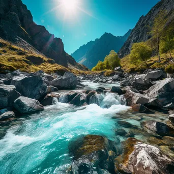 Vibrant turquoise mountain stream flowing through steep cliffs and rocky landscape. - Image 2