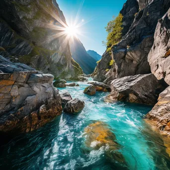 Vibrant turquoise mountain stream flowing through steep cliffs and rocky landscape. - Image 3