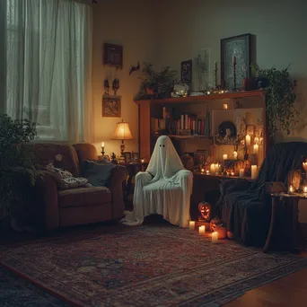 Cozy living room with Halloween decorations and flickering candles - Image 1