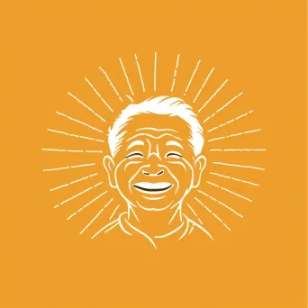 Logo with a stylized smiling elderly face, radiating lines like a sun, in warm colors. - Image 1