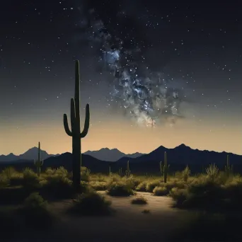 Desert landscape at night with starry sky, cacti silhouettes, and distant mountains - Image 1