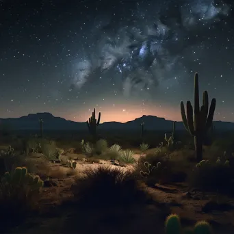 Desert landscape at night with starry sky, cacti silhouettes, and distant mountains - Image 2