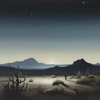 Desert landscape at night with starry sky, cacti silhouettes, and distant mountains - Image 4