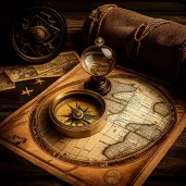 Golden compass and an ancient map on a wooden table symbolizing knowledge quest and direction - Image 3