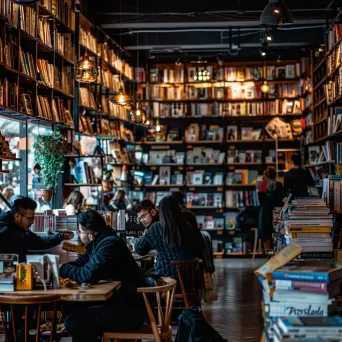 Urban book cafe with readers immersed in books and coffee - Image 2