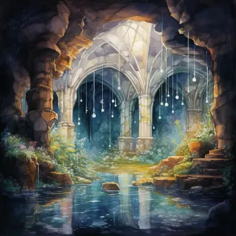 Watercolor painting of an ancient grotto filled with glowing crystals - Image 1