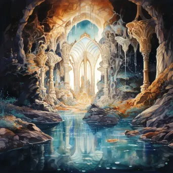 Watercolor painting of an ancient grotto filled with glowing crystals - Image 2