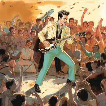 Retro-inspired illustration of a musician on stage with fans - Image 1